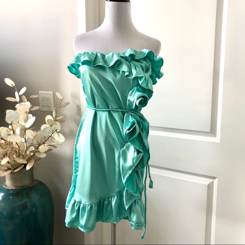 Emanuella Y strapless satin ruffle wrap dress